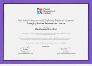 Emerging Partner Achievement Honor certificate presented to Mind Matrix Sdn Bhd
